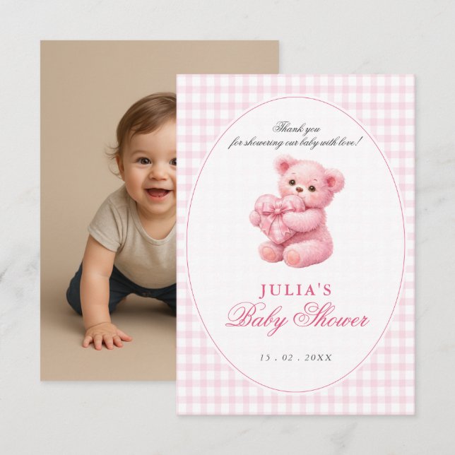 Invitación Pink Gingham Teddy Bear Neutral Baby Shower (Anverso / Reverso)