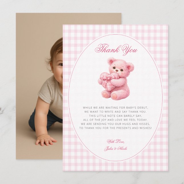 Invitación Pink Gingham Teddy Bear Neutral Baby Shower (Anverso / Reverso)