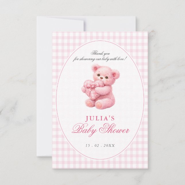 Invitación Pink Gingham Teddy Bear Neutral Baby Shower (Anverso)