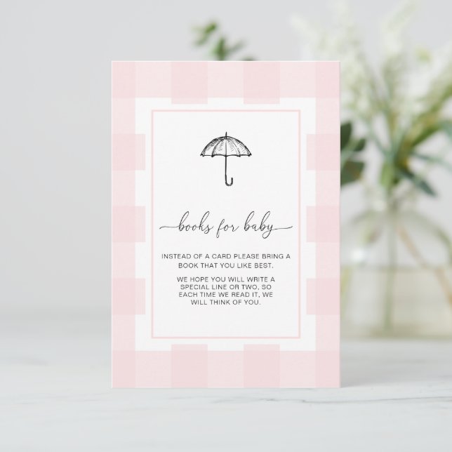 Invitación Pink Gingham Umbrella Books Solicitud Insertar Tar (Anverso de pie)