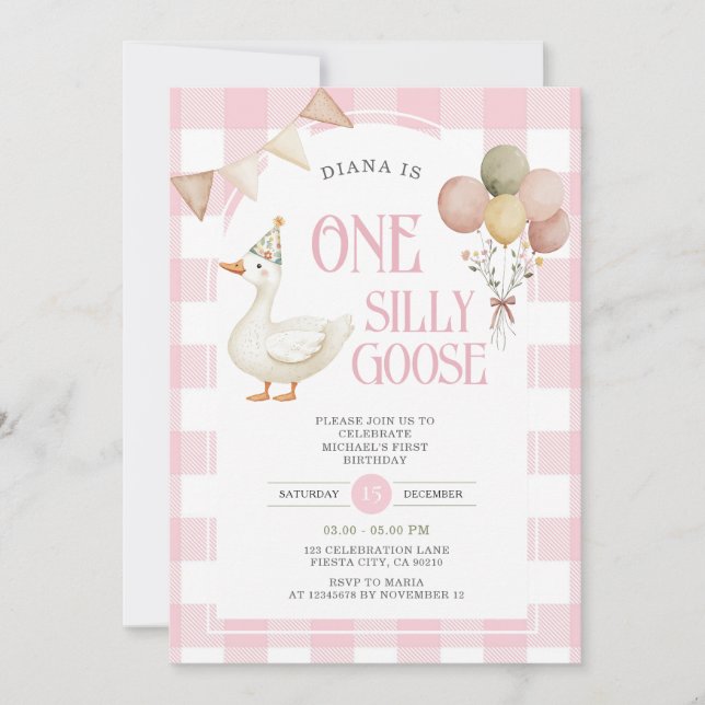 Invitación PINK Gingham Un globo de cumpleaños tonto (Anverso)