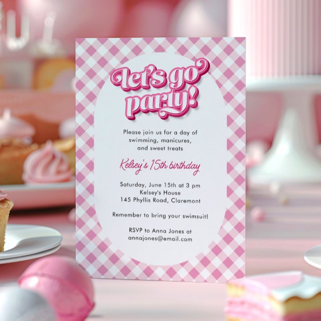 Invitación Pink Gingham Vamos Fiesta Cumpleaños (pink gingham birthday party invitation with "let's go party" text.)