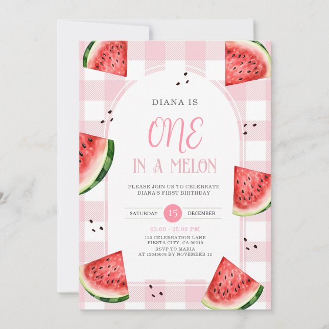 Invitación Pink Gingham Watermelon First Birthday Invitation (Anverso)