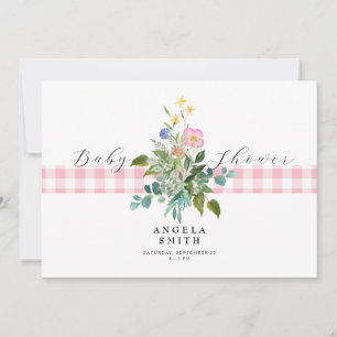 Invitación Pink Gingham Wildflower Baby Shower II