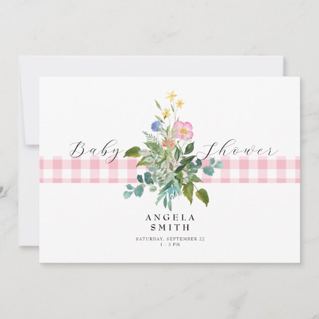Invitación Pink Gingham Wildflower Baby Shower II (Anverso)