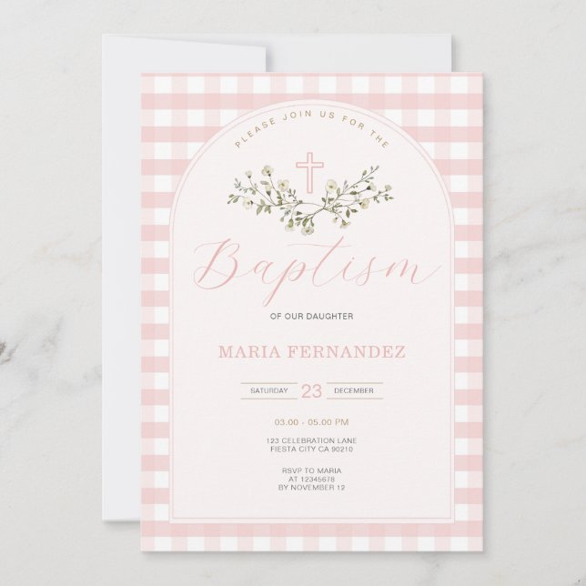 Invitación Pink Gingham Wildflowers Christening (Anverso)