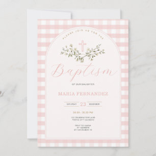 Invitación Pink Gingham Wildflowers Christening