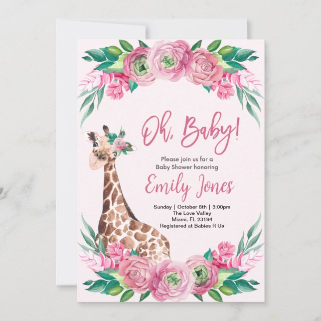 Invitación Pink Giraffe Floral Baby Shower (Anverso)