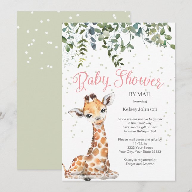 Invitación Pink Giraffe Safari Por Correo Baby Shower (Anverso / Reverso)