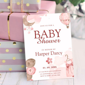 Invitación Pink Girl Baby Shower with Moon & Hot Air Balloon