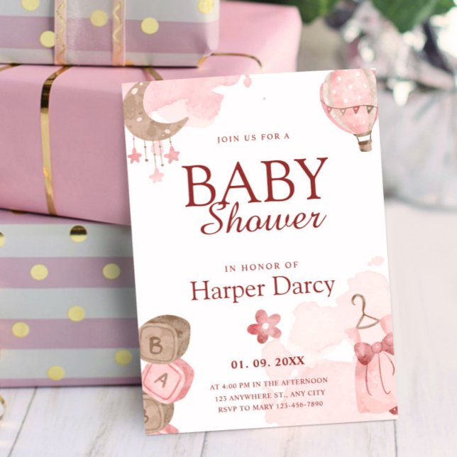 Invitación Pink Girl Baby Shower with Moon & Hot Air Balloon (Pink Girl Baby Shower with Moon & Hot Air Balloon Invitation, Oh Baby Invitation)
