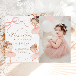 Invitación Pink Girl Ballerina 1st Birthday Party Photo