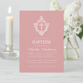 Invitación Pink Girl Baptism Cross & Crest Elegant Dusty Rose