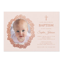 Pink Girl Baptism Photo in Rose Gold Floral Wreath