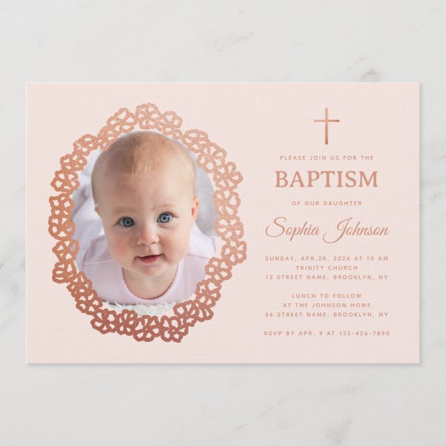 Invitación Pink Girl Baptism Photo in Rose Gold Floral Wreath (Anverso)