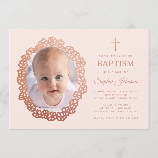 Invitación Pink Girl Baptism Photo in Rose Gold Floral Wreath (Anverso)