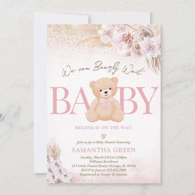 Invitación Pink Girl Bear Boho Baby Shower (Anverso)