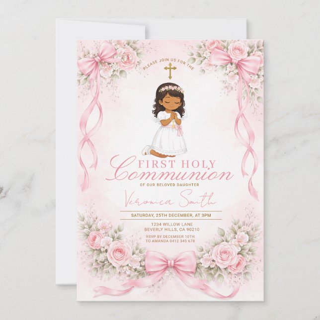 Invitación  Pink Girl Bow Floral First Holy Communion (Anverso)