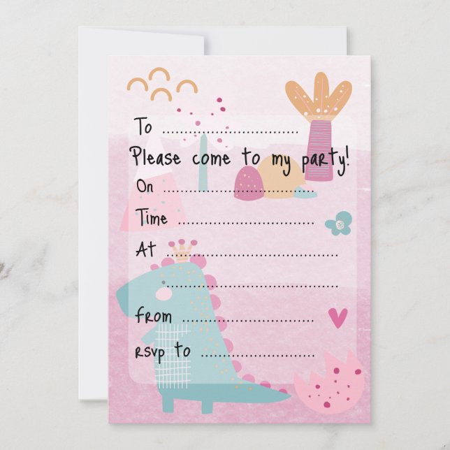 Invitación Pink Girl Dino Birthday Party Fill--In (Anverso)