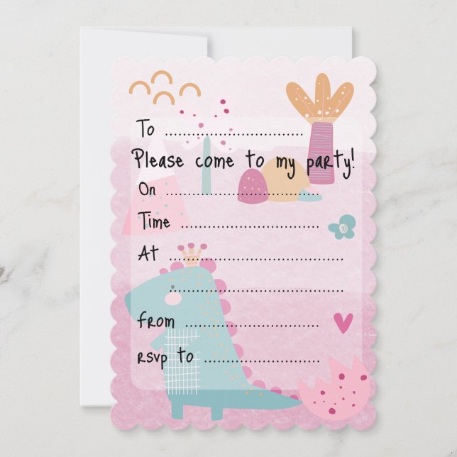 Invitación Pink Girl Dino Birthday Party Fill--In Scalloped (Anverso)