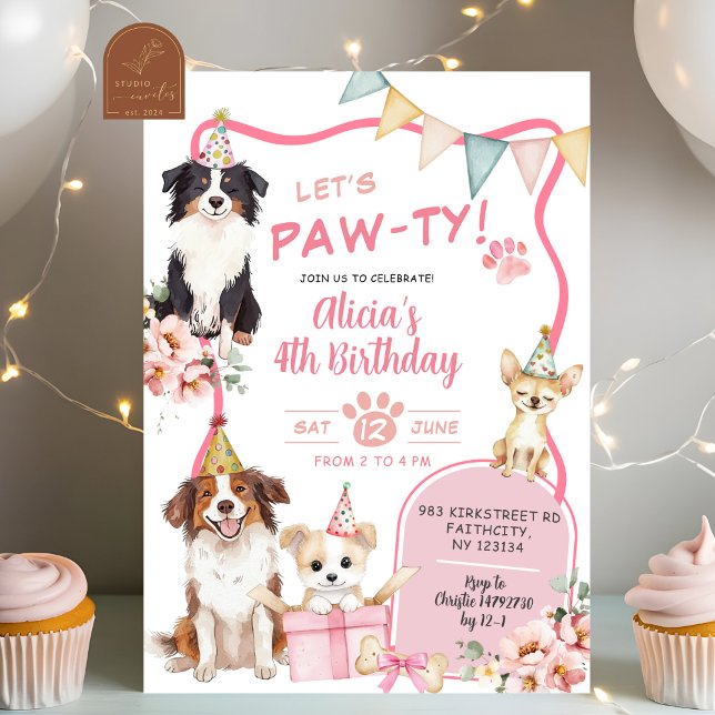 Invitación Pink Girl Dog let's Pawty Birthday (Subido por el creador)