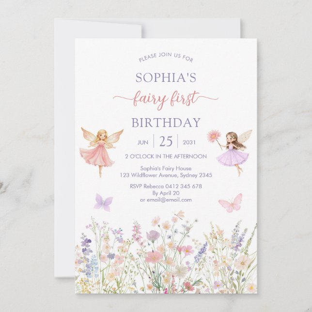 Invitación Pink Girl Floral Fairy First 1st Birthday (Anverso)