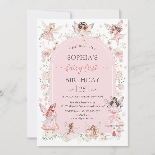 Invitación Pink Girl Floral Fairy First 1st Birthday (Anverso)