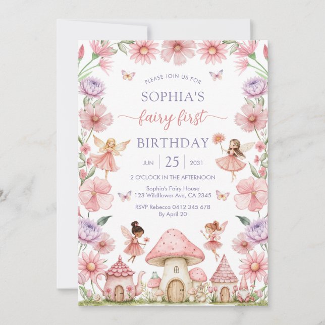 Invitación Pink Girl Floral Fairy First 1st Birthday (Anverso)