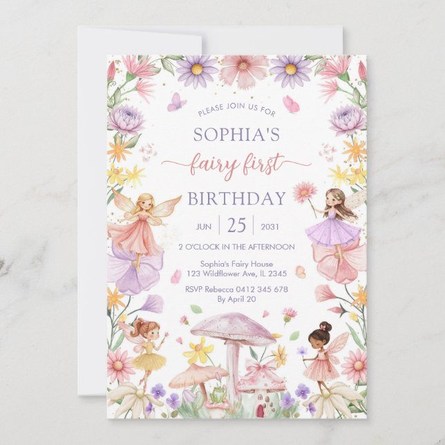 Invitación Pink Girl Floral Fairy First 1st Birthday (Anverso)