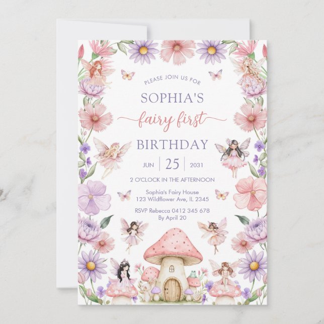 Invitación Pink Girl Floral Fairy First 1st Birthday (Anverso)