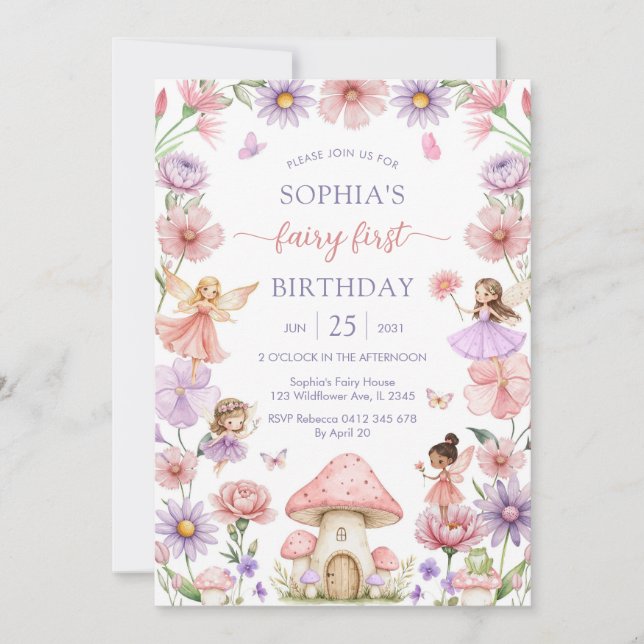 Invitación Pink Girl Floral Fairy First 1st Birthday (Anverso)