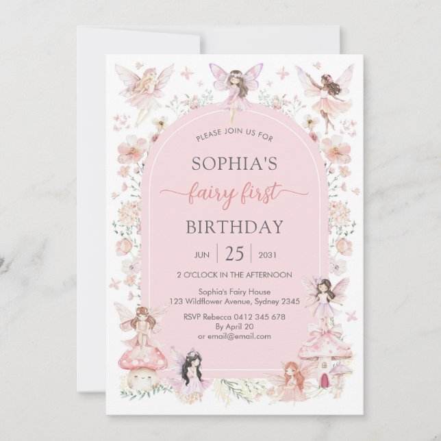 Invitación Pink Girl Floral Fairy First 1st Birthday (Anverso)