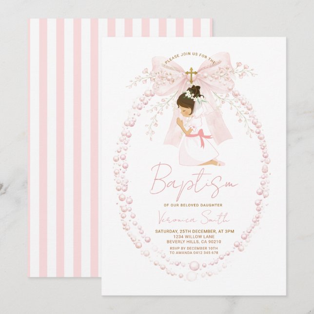 Invitación Pink Girl Pearls Bow Baptism Invitation (Anverso / Reverso)