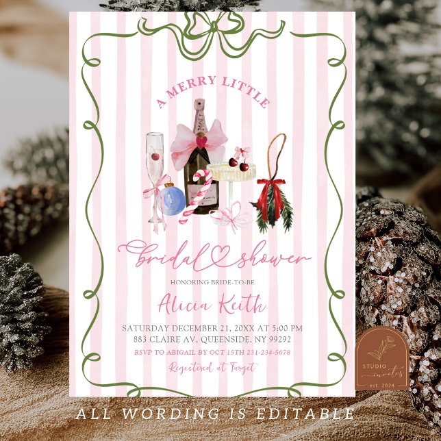 Invitación Pink Girl Quirky Stripes Christmas Bridal Shower (Subido por el creador)