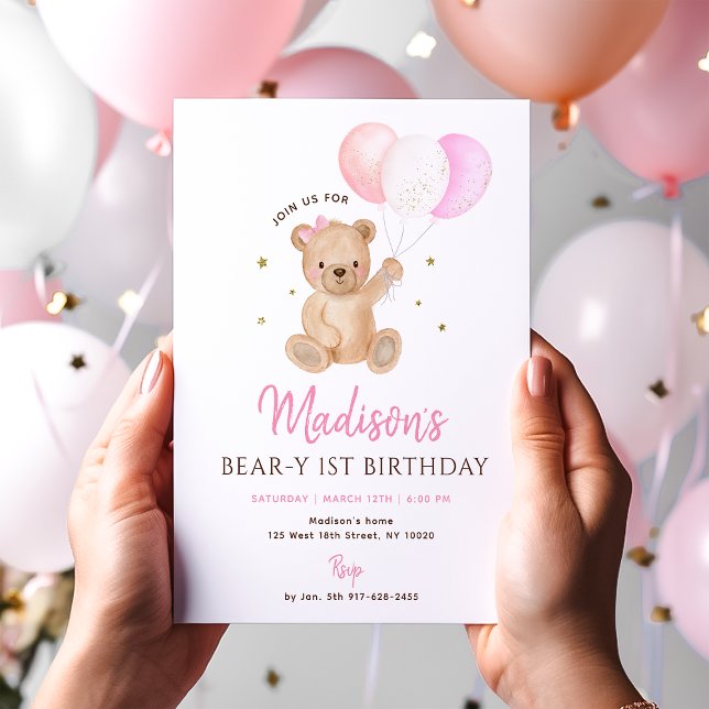 Invitación Pink Girl Teddy Bear Balloon First Birthday (Subido por el creador)