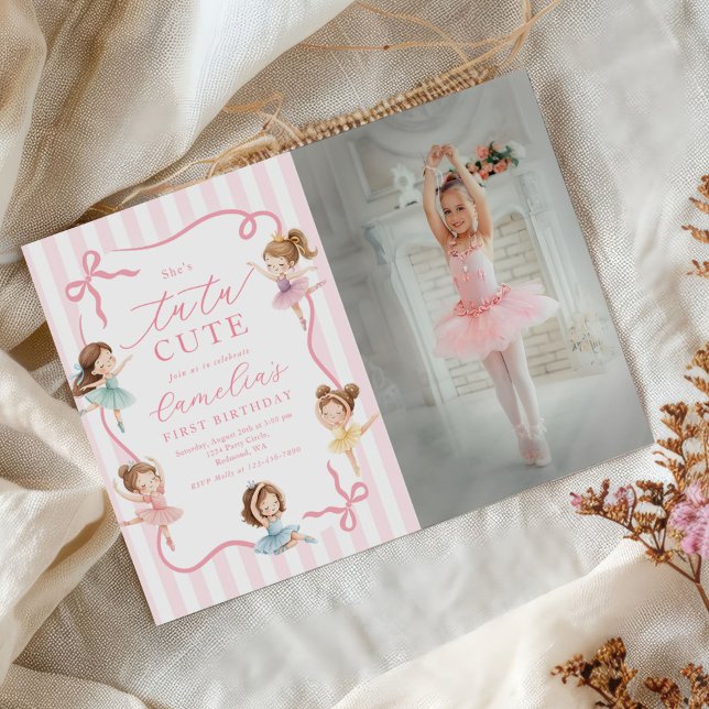 Invitación Pink Girls Bow Tutu Ballerina 1st Birthday Photo (Subido por el creador)