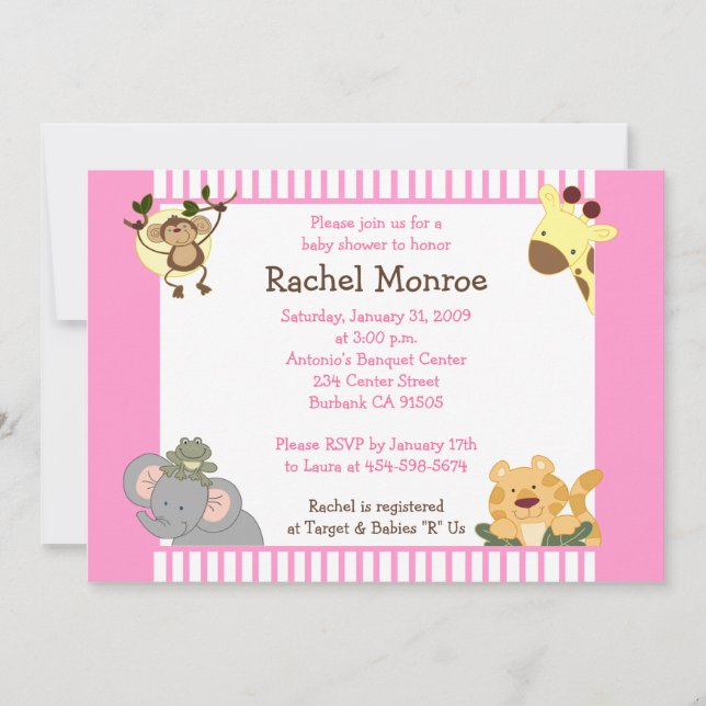 Invitación Pink Girly Jungle Safari Friends 5x7 Baby Shower (Anverso)