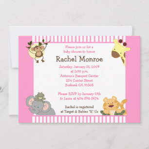 Invitación Pink Girly Jungle Safari Friends 5x7 Baby Shower