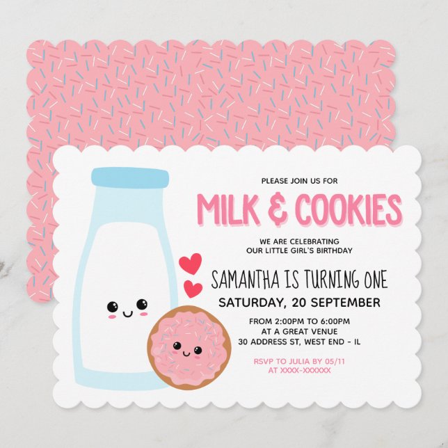 Invitación Pink Girly Kawaii Leche Y Galletas Cumpleaños (Anverso / Reverso)