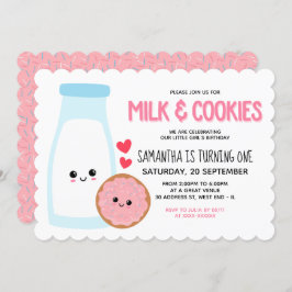 Invitación Pink Girly Kawaii Leche Y Galletas Cumpleaños
