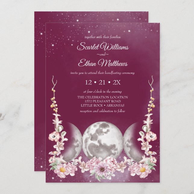Invitación Pink Girly Triple Moon Floral Starry Handfasting (Anverso / Reverso)