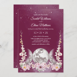 Invitación Pink Girly Triple Moon Floral Starry Handfasting
