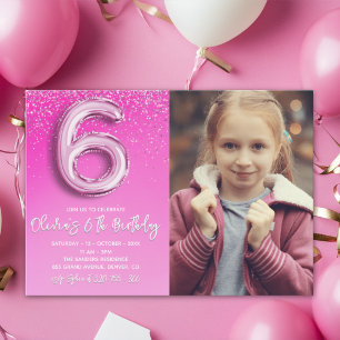 Invitación Pink Glitter 6th Birthday for Girl with Photo
