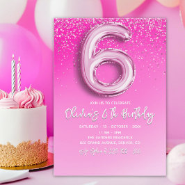 Invitación Pink Glitter Ballon Numer - 6th Birthday for Girls