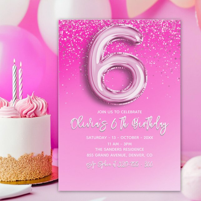 Invitación Pink Glitter Ballon Numer - 6th Birthday for Girls (Subido por el creador)