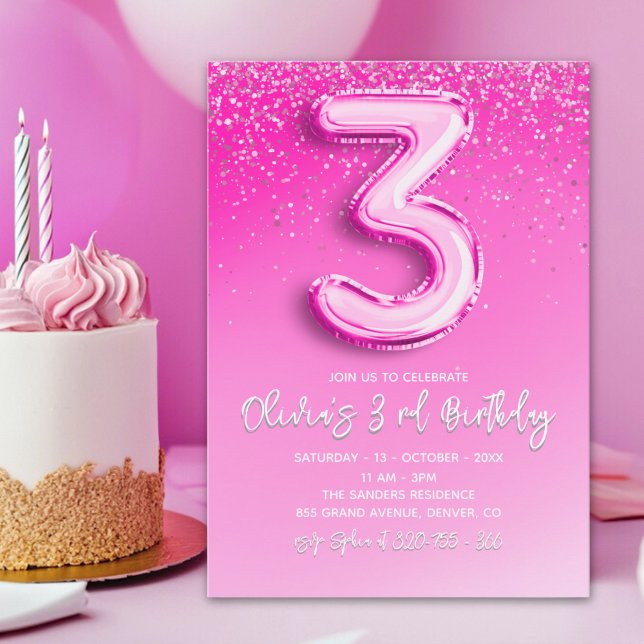Invitación Pink Glitter Balloon 3rd Birthday for Girls (Subido por el creador)
