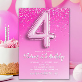 Invitación Pink Glitter Balloon 4th Birthday for Girls