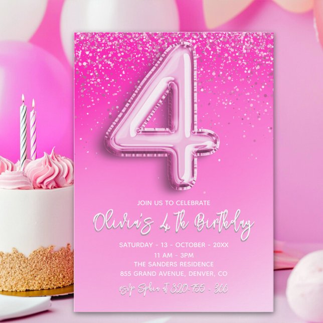 Invitación Pink Glitter Balloon 4th Birthday for Girls (Subido por el creador)