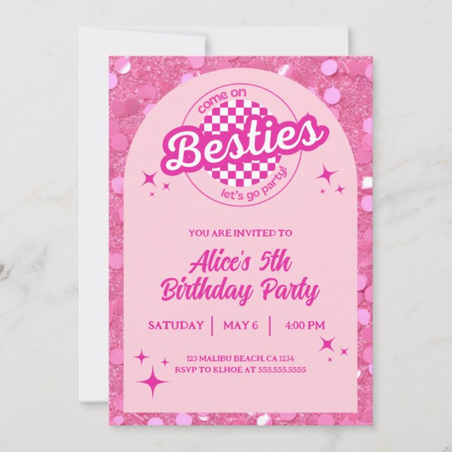 Invitación Pink Glitter Doll Themed Birthday Invitation (Anverso)