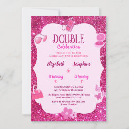 Invitación Pink Glitter Double Birthday Party For Girls 